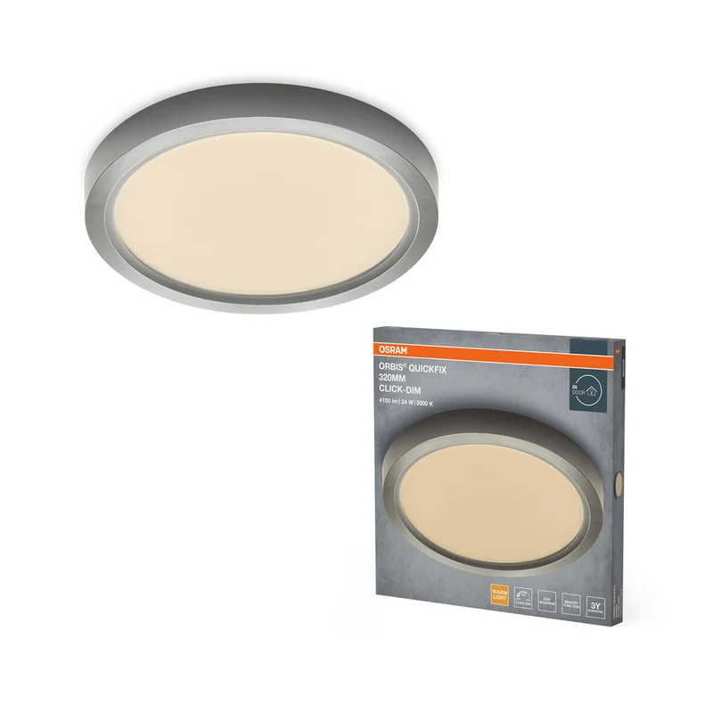 Lámpara de techo redonda OSRAM Orbis Quickfix de 320 mm y 24 W con atenuación por clic, color plata
