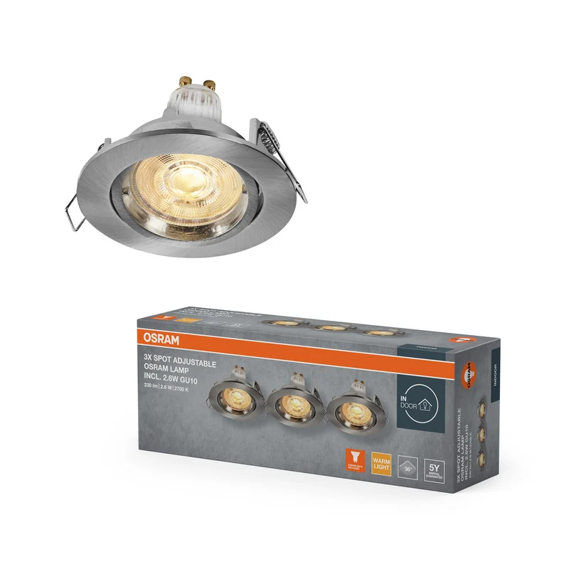 Foco empotrable LED OSRAM Twistlock GU10 giratorio de 2,6 W, níquel satinado, 75 mm de diámetro.