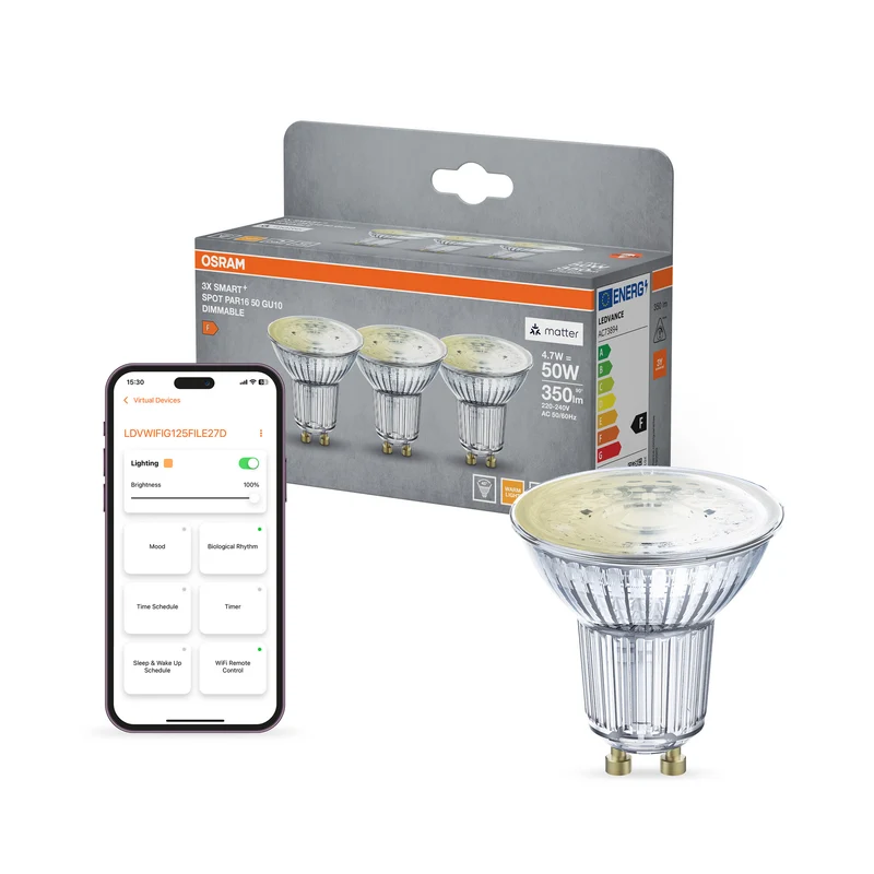 OSRAM SMART+ MATTER Spot Regulable, formato PAR16, foco LED, cristal, 4,7 W, 350 lm, 2700 K, Matter, Google Assistant, Amazon Alexa, compatible con altavoces inteligentes, regulable, CRI 80