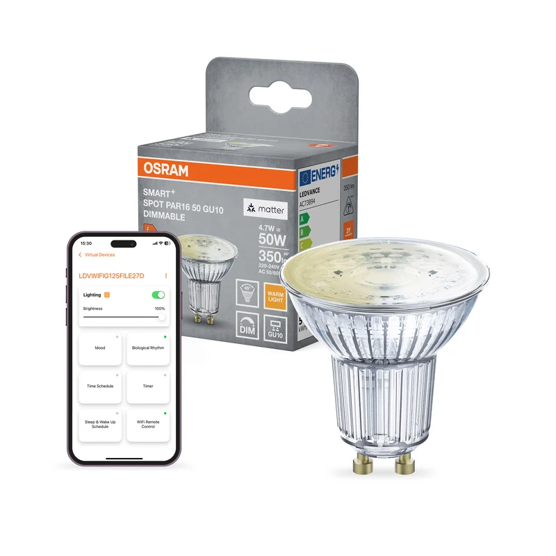 OSRAM SMART+ MATTER Spot Regulable, formato PAR16, foco LED, cristal, 4,7 W, 350 lm, 2700 K, Matter, Google Assistant, Amazon Alexa, compatible con altavoces inteligentes, regulable, CRI 80