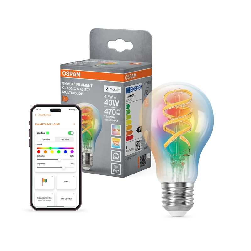 OSRAM SMART+ MATTER Filament Classic formas multicolor en forma de A, lámpara LED, cristal transparente, 4,8 W, 470 lm, de 2700 a 6500 K, Matter, compatible con altavoces inteligentes, regulable