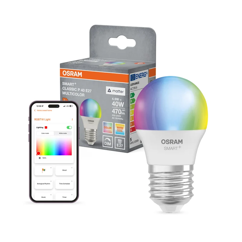 OSRAM SMART+ MATTER Classic formas multicolor en forma de P, bombilla LED, mate, 4,9 W, 470 lm, de 2700 a 6500 K, Matter, compatible con altavoces inteligentes, regulable