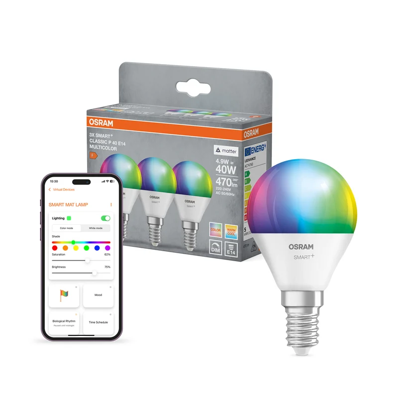 OSRAM SMART+ MATTER Classic formas multicolor en forma de P, bombilla LED, mate, 4,9 W, 470 lm, de 2700 a 6500 K, Matter, compatible con altavoces inteligentes, regulable