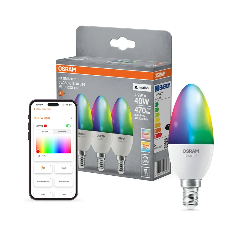OSRAM SMART+ MATTER Classic Multicolor en forma de B, lámpara LED, mate, 4,9 W, 470 lm, de 2700 a 6500 K, Matter, compatible con altavoces inteligentes, regulable