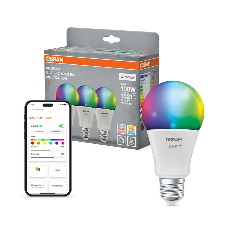 OSRAM SMART+ MATTER Classic Multicolor en forma de A, lámpara LED, mate, 14 W, 1521 lm, de 2700 a 6500 K, Matter, compatible con altavoces inteligentes, regulable