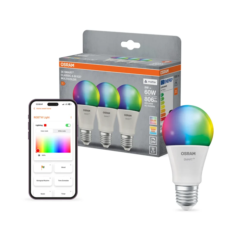 OSRAM SMART+ MATTER Classic formas multicolor en forma de A, bombilla LED, mate, 9 W, 806 lm, de 2700 a 6500 K, Matter, compatible con altavoces inteligentes, regulable