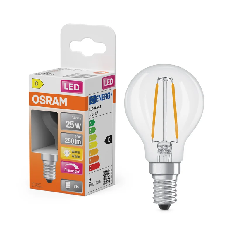 OSRAM LED Retrofit Classic P regulable 1,8 W 827 transparente E14