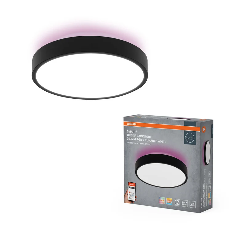 Lámpara de techo LED OSRAM Wifi SMART+ ORBIS BACKLIGHT RGBW multicolor de 35 cm, blanco regulable, 28 W/3000-6500 K, color negro