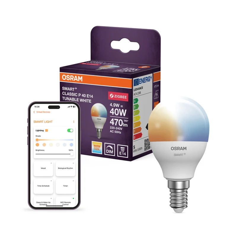 OSRAM SMART+ ZIGBEE Temperatura de color regulable en formato P, bombilla LED, mate, 4,9 W, 470 lm, de 2700 a 6500 K, Wi-Fi, Google Assistant, Amazon Alexa, compatible con altavoces inteligentes, regulable