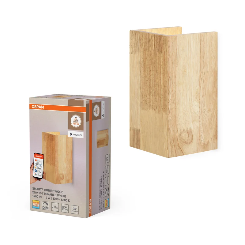 Aplique LED OSRAM Matter SMART+ ORBIS WOOD de 21 x 11 cm con aspecto de madera, blanco regulable, 12 W / 3000-6500 K