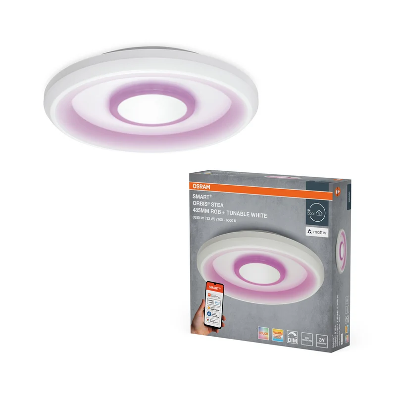 Lámpara de techo LED RGBW multicolor OSRAM Matter SMART+ ORBIS STEA de 48,5 cm, blanco regulable, 32 W/2700-6500 K