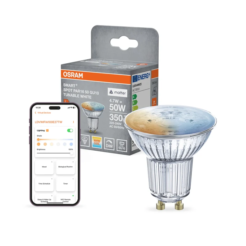 OSRAM SMART+ MATTER Spot Temperatura de color regulable en formato PAR16, foco LED, cristal, 4,7 W, 350 lm, de 2700 a 6500 K, Matter, compatible con altavoces inteligentes, regulable