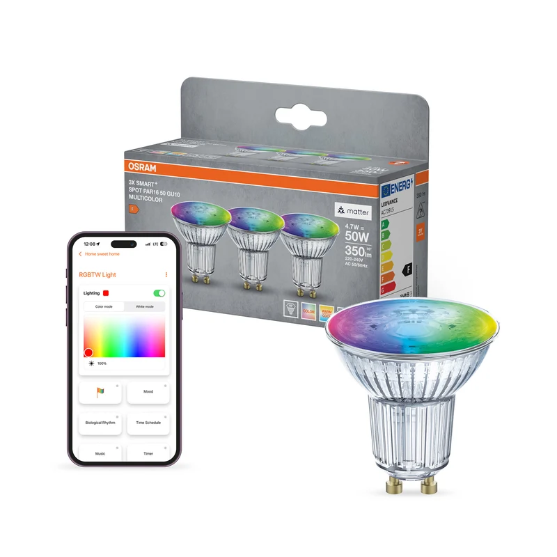 OSRAM SMART+ MATTER Spot Multicolor en formato PAR16, foco LED, cristal, 4,7 W, 350 lm, de 2700 a 6500 K, Matter, compatible con altavoces inteligentes, regulable