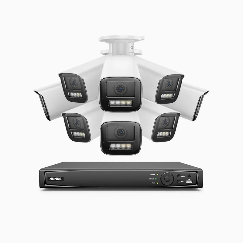 HZ804 - Kit de 8 cámaras de vigilancia PoE de 4K con videograbador NVR de 16 canales, zoom óptico 4X, doble luz visión nocturna, detección de movimiento 2.0, Micrófono incorporado, alarma de sirena y estroboscópica