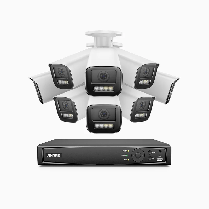 HZ804 - Kit de 8 cámaras de vigilancia PoE de 4K con videograbador NVR de 8 canales, zoom óptico 4X, doble luz visión nocturna, detección de movimiento 2.0, Micrófono incorporado, alarma de sirena y estroboscópica