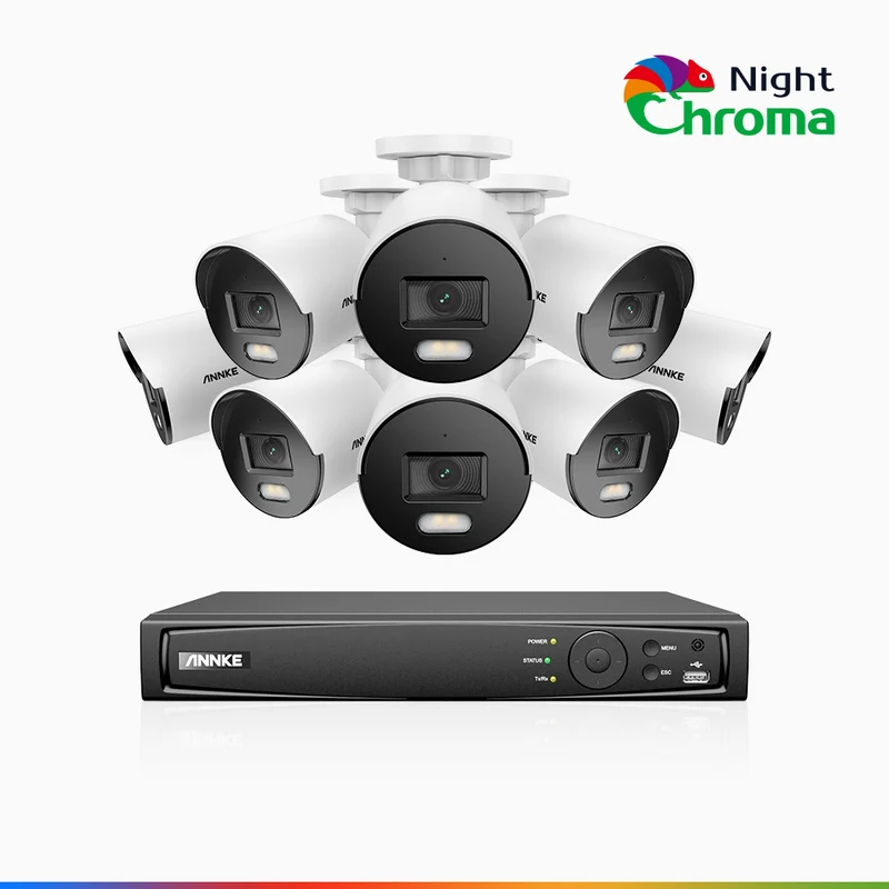 NightChroma TM NCK500 - Kit de 8 cámaras de vigilancia PoE de 3K con videograbador NVR de 8 canales, visión nocturna a color Acme, f/1.0 Súper Apertura, Alineación Activa, micrófono integrado, tarjeta SD micro ranura