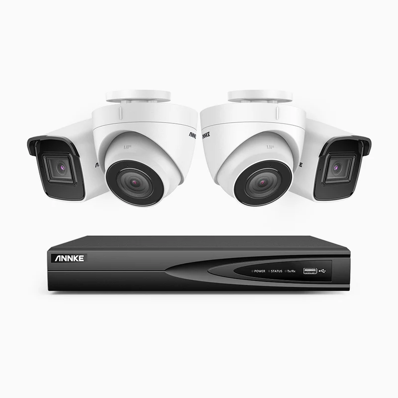 H800 - Kit de vigilancia PoE 4K con 2 cámara bullet y 2 cámara domo y videograbador NVR de 4 canales, Visión nocturna a color e infrarrojos, detección de humanos y vehículos, micrófono integrado, ángulo de visión 96º