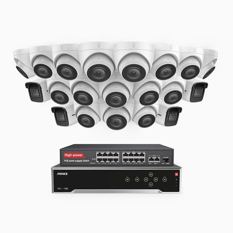 H800 - Kit de vigilancia PoE 4K con 4 cámaras bullet y 16 cámaras domo y videograbador NVR de 32 canales, Visión nocturna a color e infrarrojos, detección de humanos y vehículos, micrófono integrado, ángulo de visión 96º