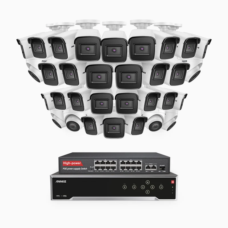 H800 - Kit de vigilancia PoE 4K con 26 cámaras bullet y 6 cámaras domo y videograbador NVR de 32 canales, Visión nocturna a color e infrarrojos, detección de humanos y vehículos, micrófono integrado, ángulo de visión 96º