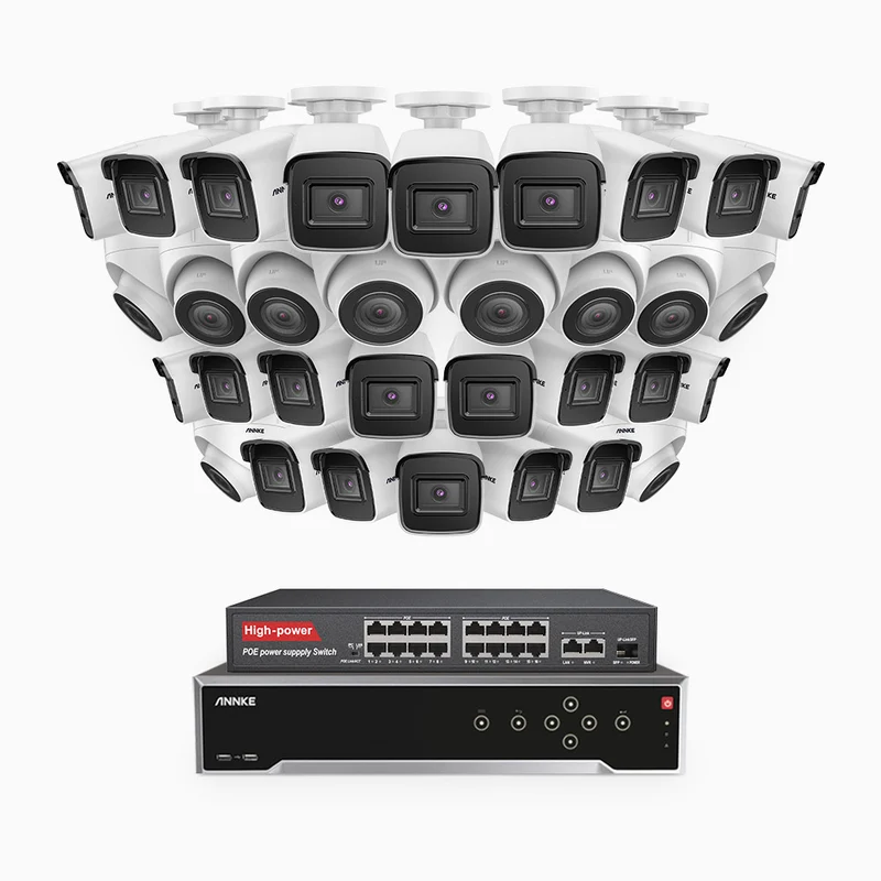 H800 - Kit de vigilancia PoE 4K con 22 cámaras bullet y 10 cámaras domo y videograbador NVR de 32 canales, Visión nocturna a color e infrarrojos, detección de humanos y vehículos, micrófono integrado, ángulo de visión 96º