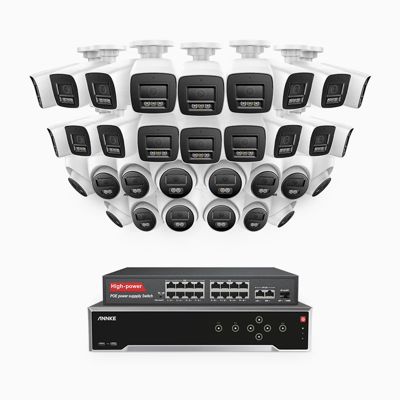 H800 - Kit de vigilancia PoE 4K con 18 cámaras bullet y 14 cámaras domo y videograbador NVR de 32 canales, Visión nocturna a color e infrarrojos, detección de humanos y vehículos, micrófono integrado, ángulo de visión 96º