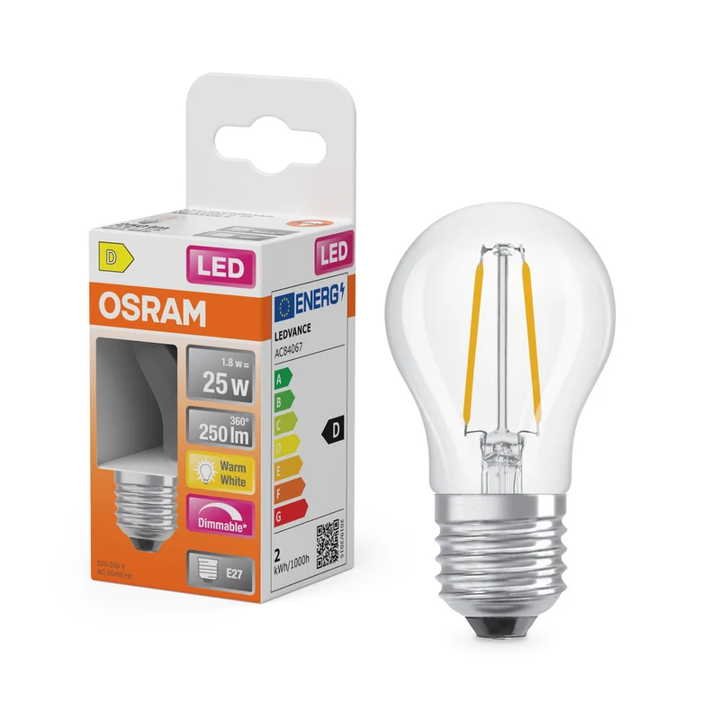 OSRAM LED Retrofit Classic P regulable 1,8 W 827 transparente E27