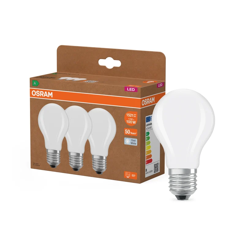 LÁMPARAS LED DE OSRAM, CLASE ENERGÉTICA A, EFICIENCIA ENERGÉTICA FILAMENTO CLÁSICO A en forma de A, lámpara LED, cristal, mate, 7,2 W, 1521 lm, 4000 K, clase de eficiencia energética: A, CRI 80