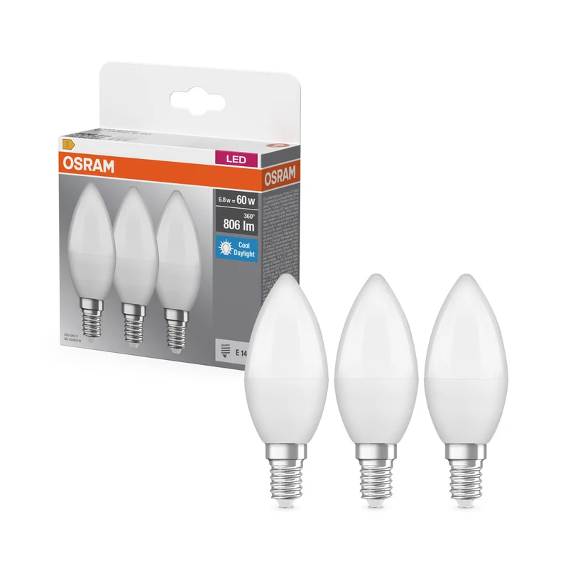 OSRAM LED BASE Classic B 6.8W 827 mate E14 paquete de 3