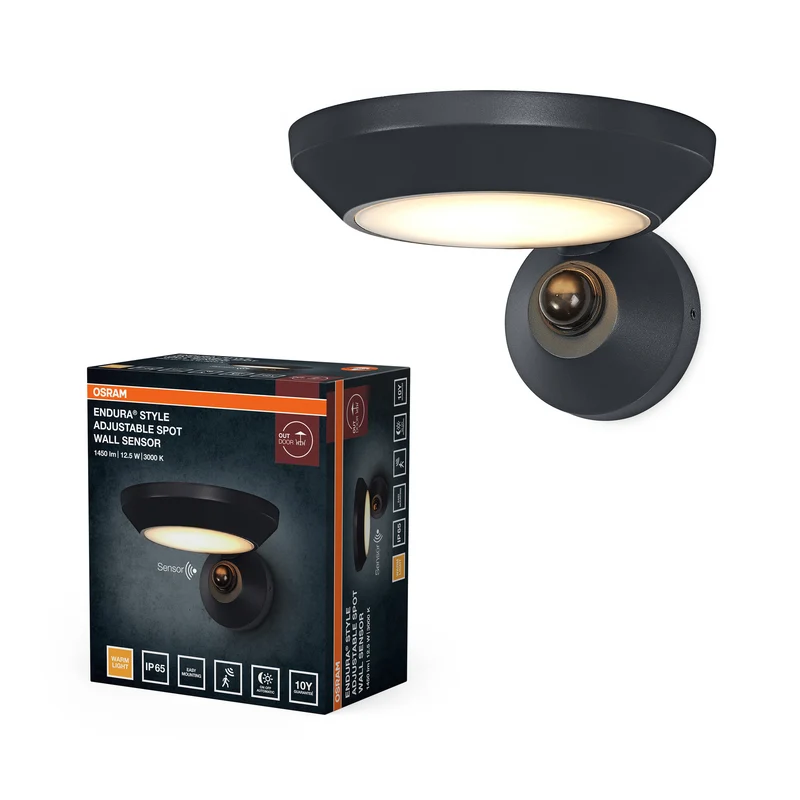 Lámpara de pared para exterior OSRAM, antracita, 12,5 W, 930 lm, 3000 K, ángulo de haz de 100°, IP65, 50 000 h de vida útil, sensor de movimiento PIR, difusor de cristal