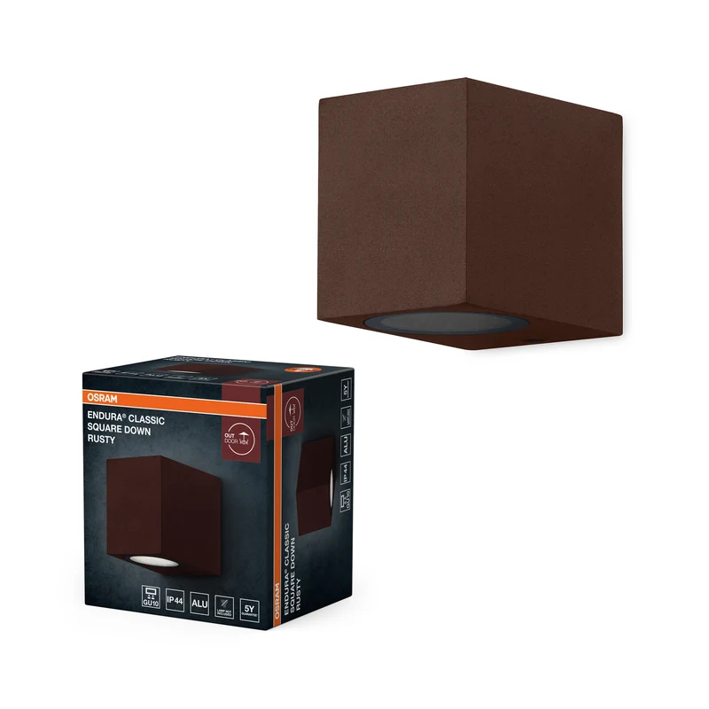 ENDURA Classic Aplique cuadrado para exterior, color óxido, casquillo GU10, IP44, carcasa de aluminio, cubierta de cristal, 220–240 V, apto para 0–7 W, se puede montar en superficie