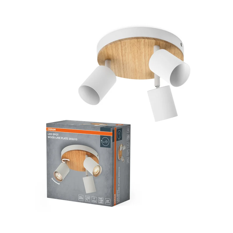 Lámpara de techo LED OSRAM Wood Line Plate 3xGU10 blanca y decoración de madera