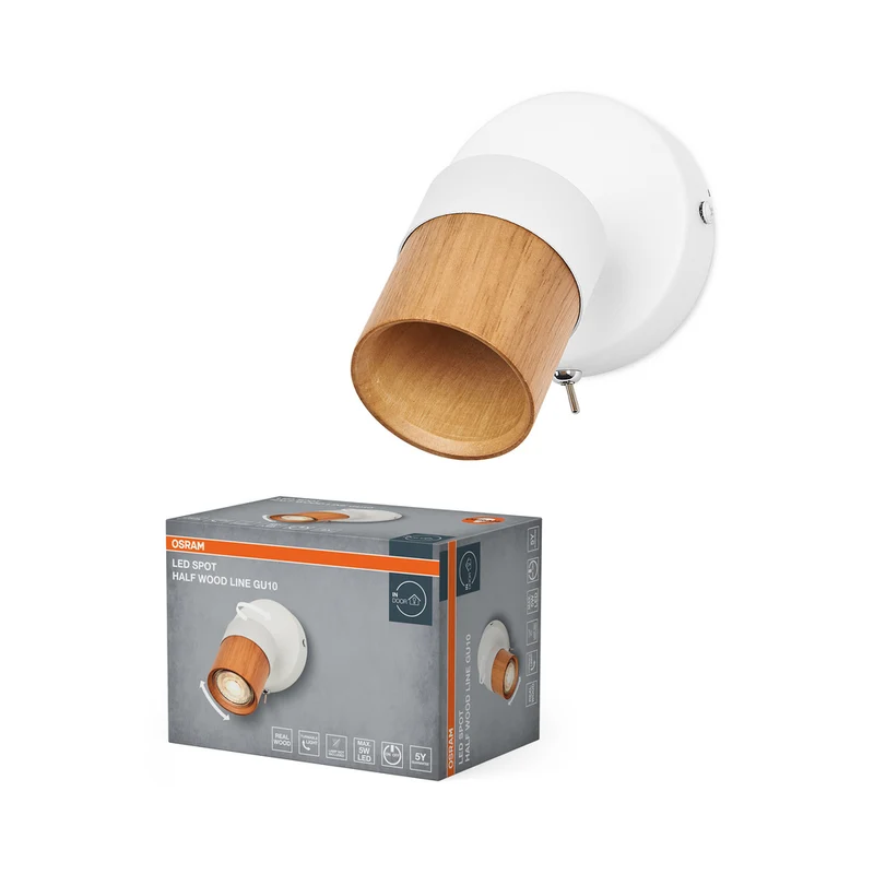 Aplique de pared OSRAM LED Spot Half Wood Line 1xGU10 blanco y decoración de madera