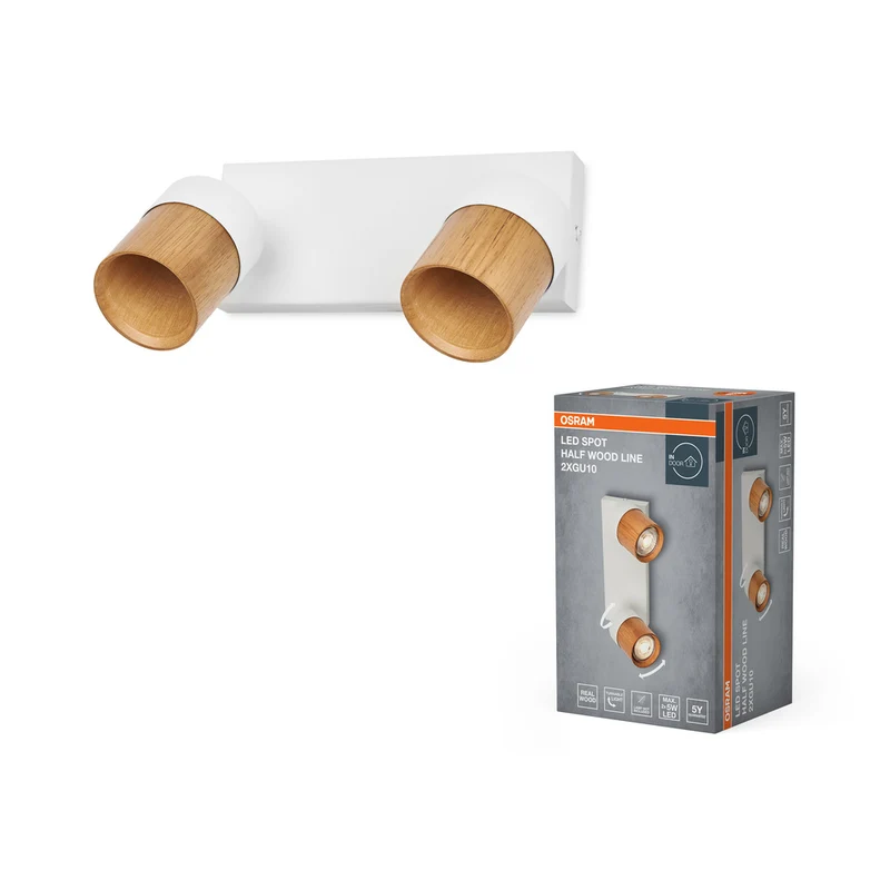 Foco LED OSRAM Half Wood Line, luz de techo 2xGU10, blanco y decoración de madera