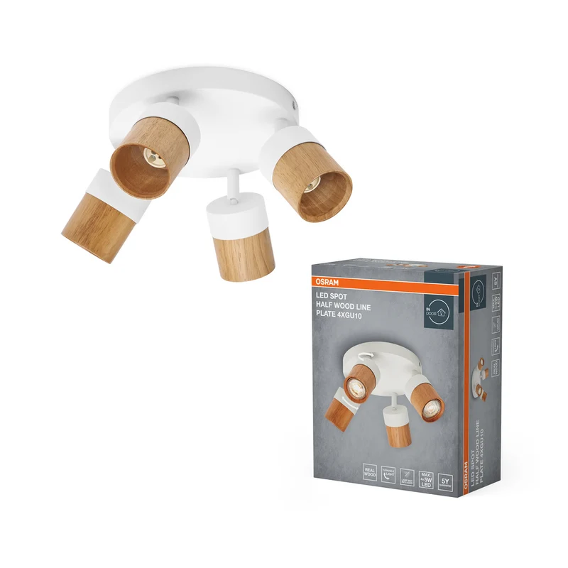 Foco LED OSRAM Half Wood Line Plate, luz de techo, 4 luces GU10, blanco y decoración de madera