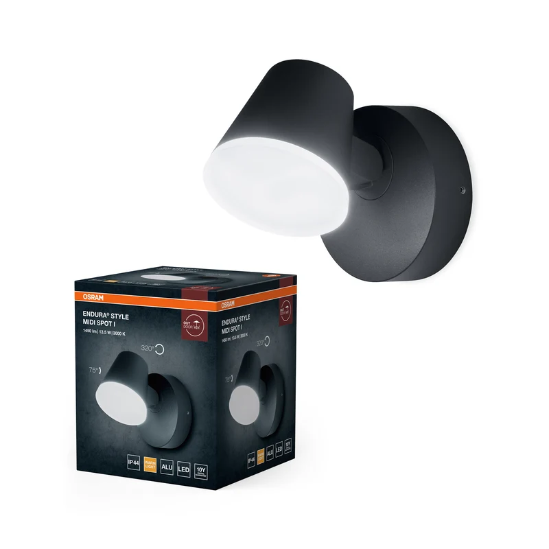 OSRAM Midi LED Spot para exterior, blanco cálido 3000 K, luminaria de exterior, 13,5 W, cabezal giratorio, IP44, 800 lm, aluminio fundido a presión, gris oscuro