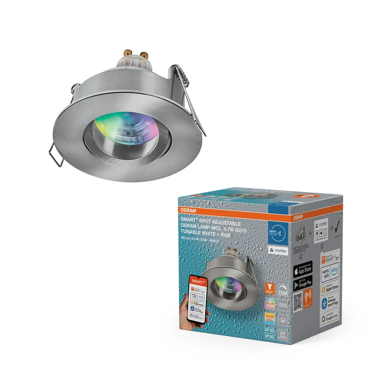 Foco empotrable inteligente LED OSRAM Matter SMART+ para baño GU10 IP65 orientable 4,7W RGBW níquel satinado Ø68 mm