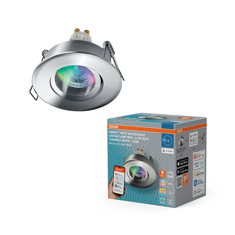 Foco empotrable inteligente LED OSRAM Matter SMART+ para baño GU10 IP65 orientable 4,7W RGBW cromado Ø68 mm