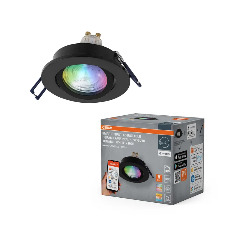 Foco empotrable inteligente LED OSRAM Matter SMART+ para baño GU10 giratorio 4,7W RGBW negro Ø68 mm