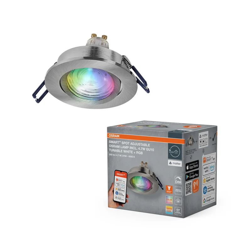 Foco empotrable inteligente LED OSRAM Matter SMART+ para baño GU10 orientable 4,7W RGBW níquel satinado Ø68 mm