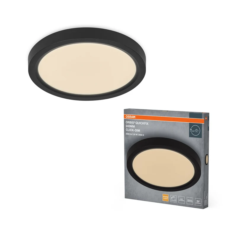 Lámpara de techo redonda OSRAM Orbis Quickfix de 245 mm y 20 W con atenuación por clic, color negro