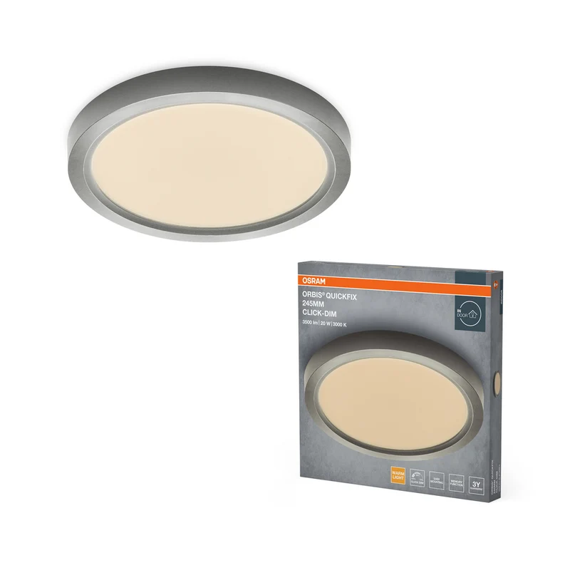 Lámpara de techo redonda OSRAM Orbis Quickfix de 245 mm y 20 W con atenuación por clic, color plata