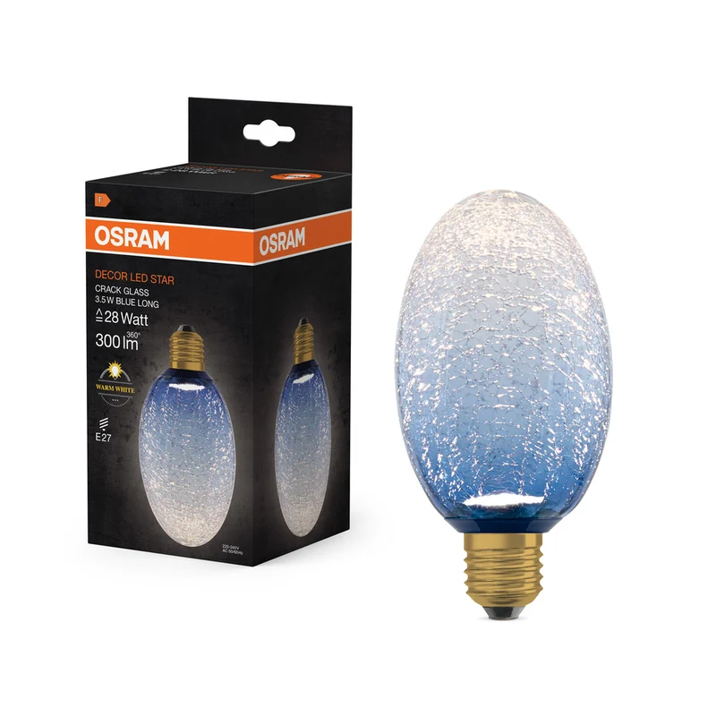 Lámpara LED OSRAM DECOR de cristal craquelado, larga, azul