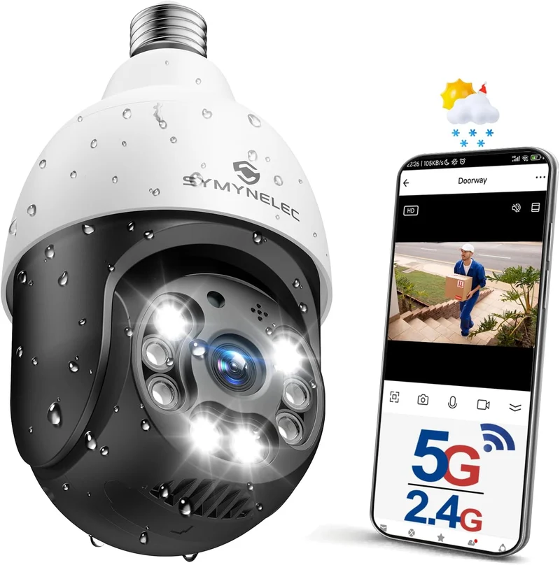SYMYNELEC 2.4/5GHz Light Bulb Security Camera Outdoor, Dual-Band WiFi 6 | No Monthly Fee, 360° Pan/Tilt, 2K Night Vision, Human Detection, Auto Tracking, 2-Way Talk, Cloud/SD Storage Compatible with Alexa