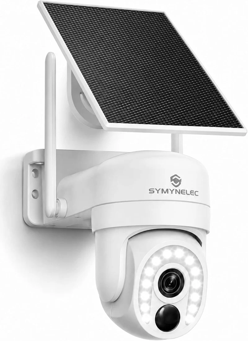 SYMYNELEC Cámara de Seguridad Exterior Solar, WiFi 5G y 2.4G, con Batería | Sin Mensualidades, Giro 360°, 2K HD, IP65 Impermeable, Visión Nocturna Color, Audio Bidireccional, Detección de Personas