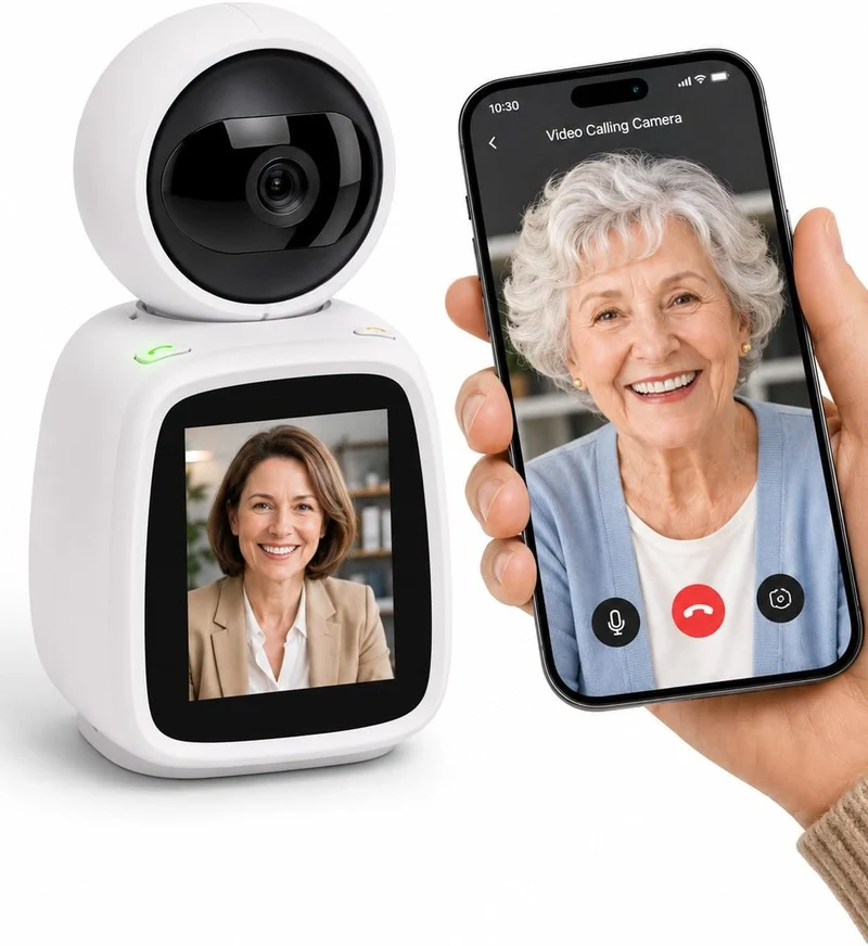 SYMYNELEC Elderly Monitoring Camera with Screen, One-Touch Video Calling | No Monthly Fee, 360° PTZ, 1080P Night Vision, 2.8 in Screen, 2-Way Audio, Motion Tracking, Sound Alert, Physical Privacy Mode