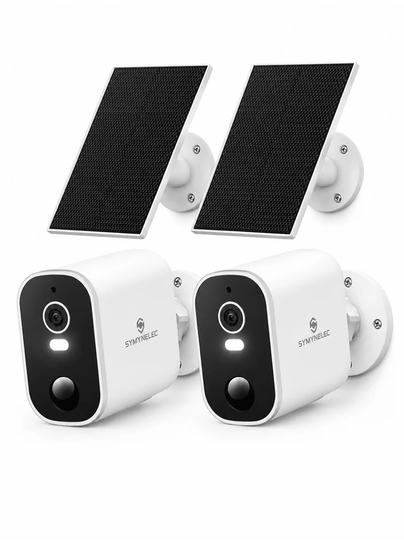 SYMYNELEC 2K Solar Security Cameras Wireless Outdoor 2-Pack - No Monthly Fee, 100% Wire-Free, Color Night Vision, PIR Person Detection, IP65 Waterproof, Compatible with Alexa, 2.4GHz WiFi