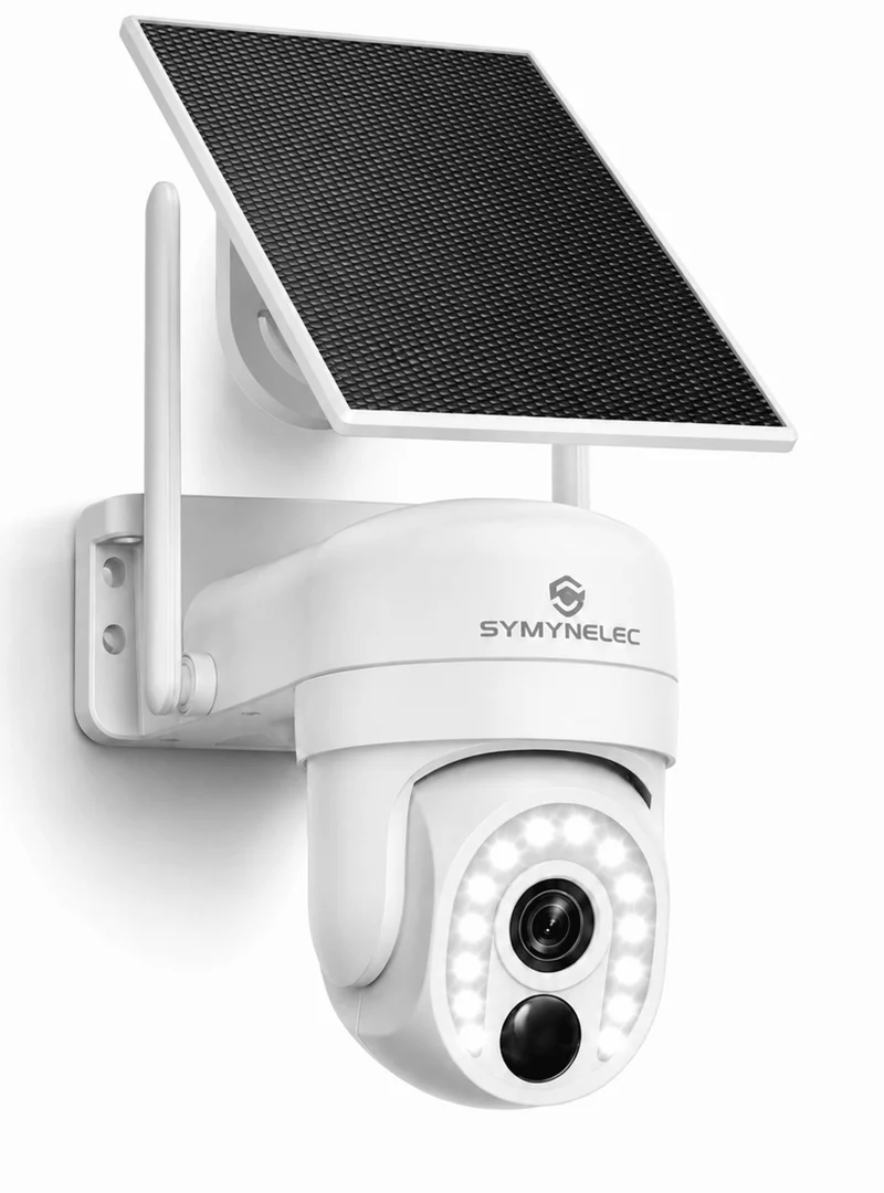 SYMYNELEC 2.4/5GHz Solar Security Camera Wireless Outdoor, 100% Wire-Free | No Monthly Fee, 360° Pan/Tilt, 2K Night Vision, Person Detection, 2-Way Talk, Siren Spotlight Weatherproof Cloud/SD Storage