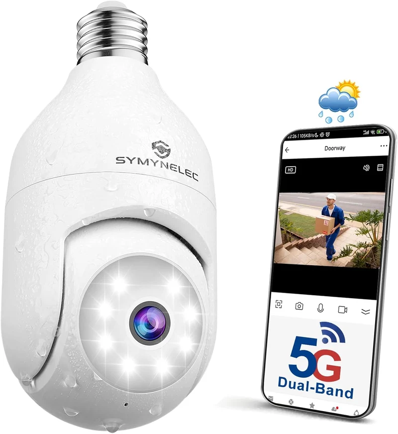SYMYNELEC 5GHz/2.4GHz Caméra Surveillance Ampoule Extérieure Étanche, Caméra Sécurité 360 WiFi sans Fil 2K 4MP avec Suivi Humain, Vision Nocturne Couleur, Audio Bidirectionnel, Alexa & Google