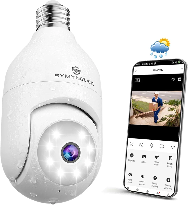 SYMYNELEC Caméra Surveillance Ampoule Extérieure Étanche, Caméra WiFi sans Fil 2,4 GHz, Caméra Sécurité Intelligente 2K avec Vision Nocturne Couleur, Détection Mouvement Humain, Compatible avec Alexa