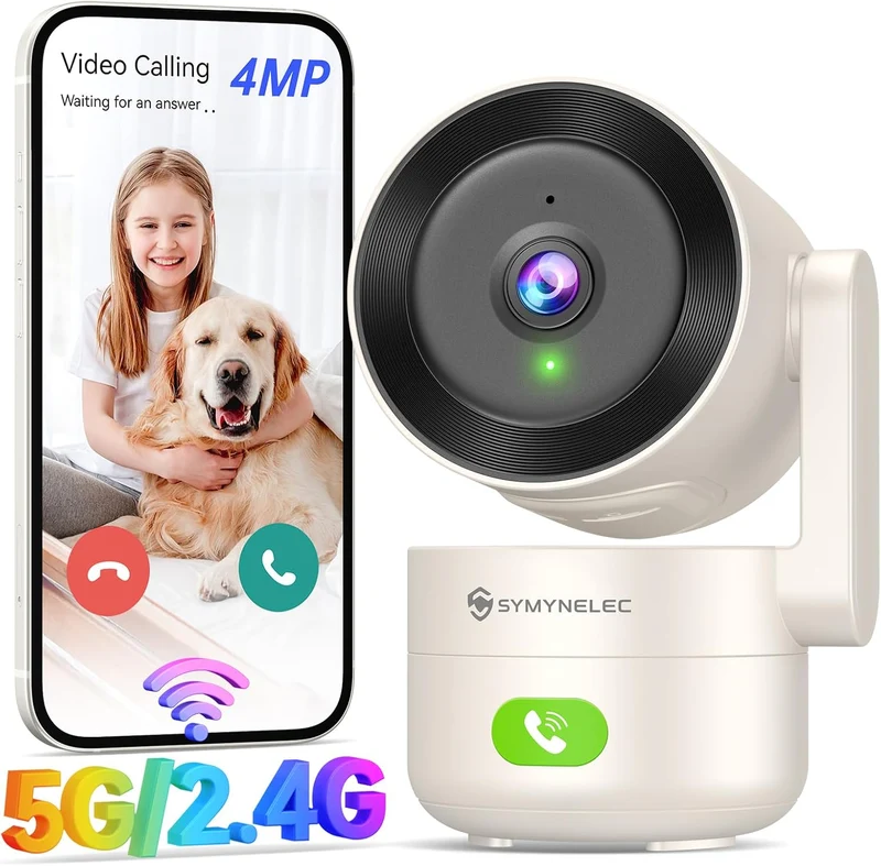 SYMYNELEC 2K 4MP Caméra de Surveillance Intérieure WiFi 5GHz/2,4GHz, Caméra de Sécurité 360° avec Détection Humaine AI, Vision Nocturne, Audio Bidirectionnel pour Bébé/Animaux, Compatible avec Alexa